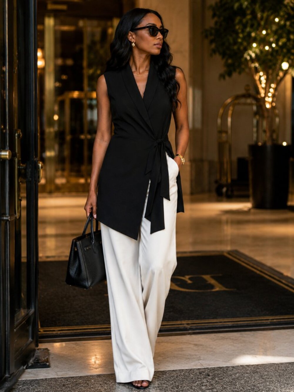 Zara Black Wrap Longline Vest | Sleeveless Blazer Top | Tie Waist | Size Medium